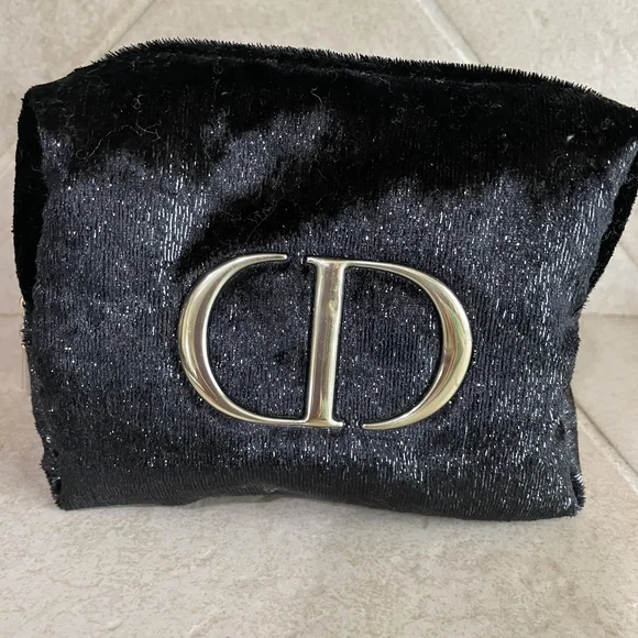 Christian Dior Black Shimmer Cosmetic Pouch CD Logo Star Zipper New - Picture 1 of 5